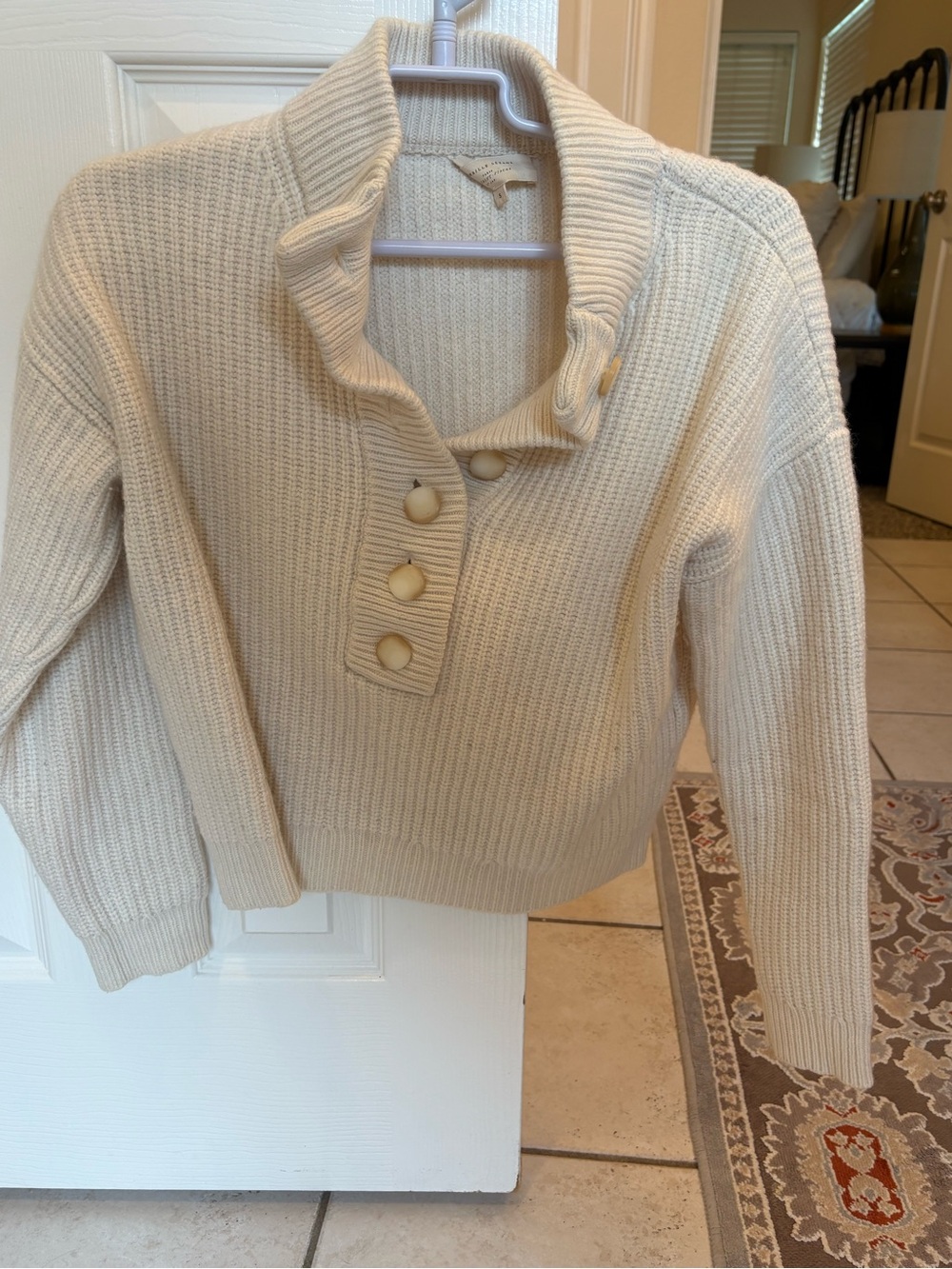 Sezane Cream Ribbed Cowl Button Sweater - Picture 6 of 7